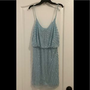 NWT David’s Bridal - Xscape - Spaghetti Strap Short Dress - Light Blue w/ silver